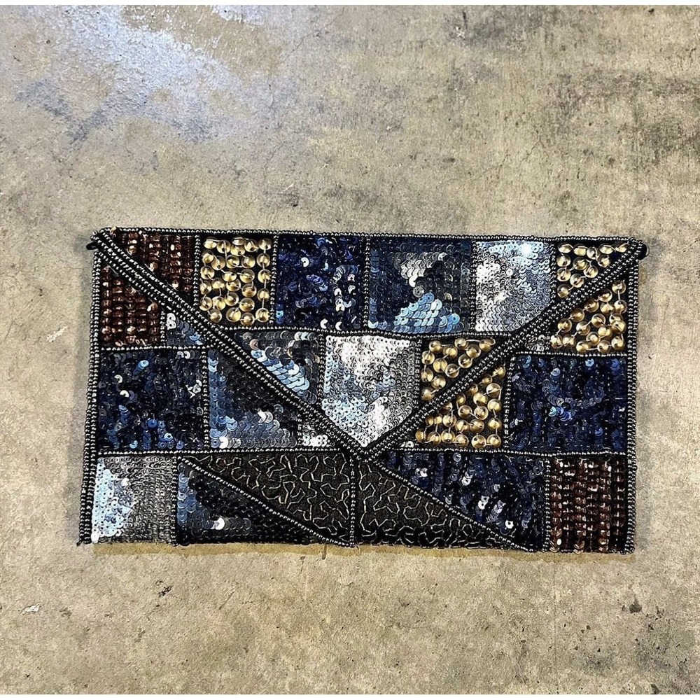 Vintage Beaded Sequin Evening Clutch Y2K Geometric Party Bag